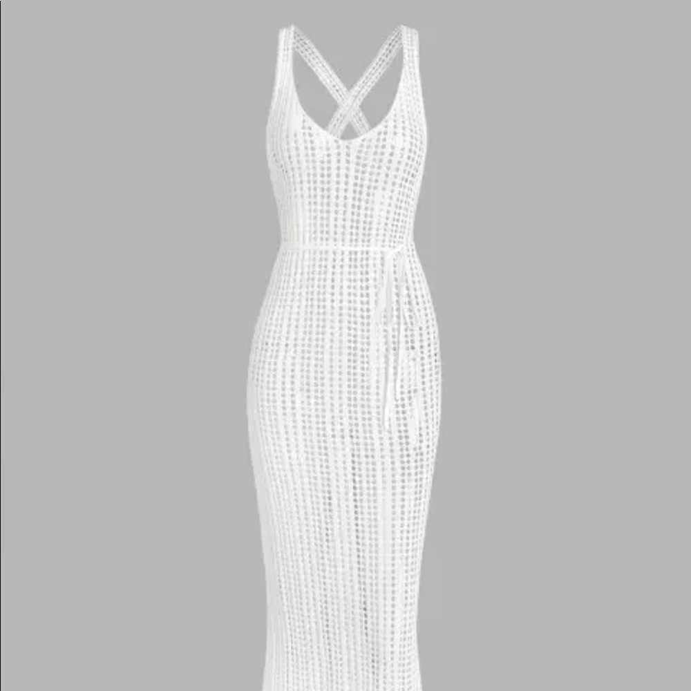 Slit cross cross belted crochet midi dress